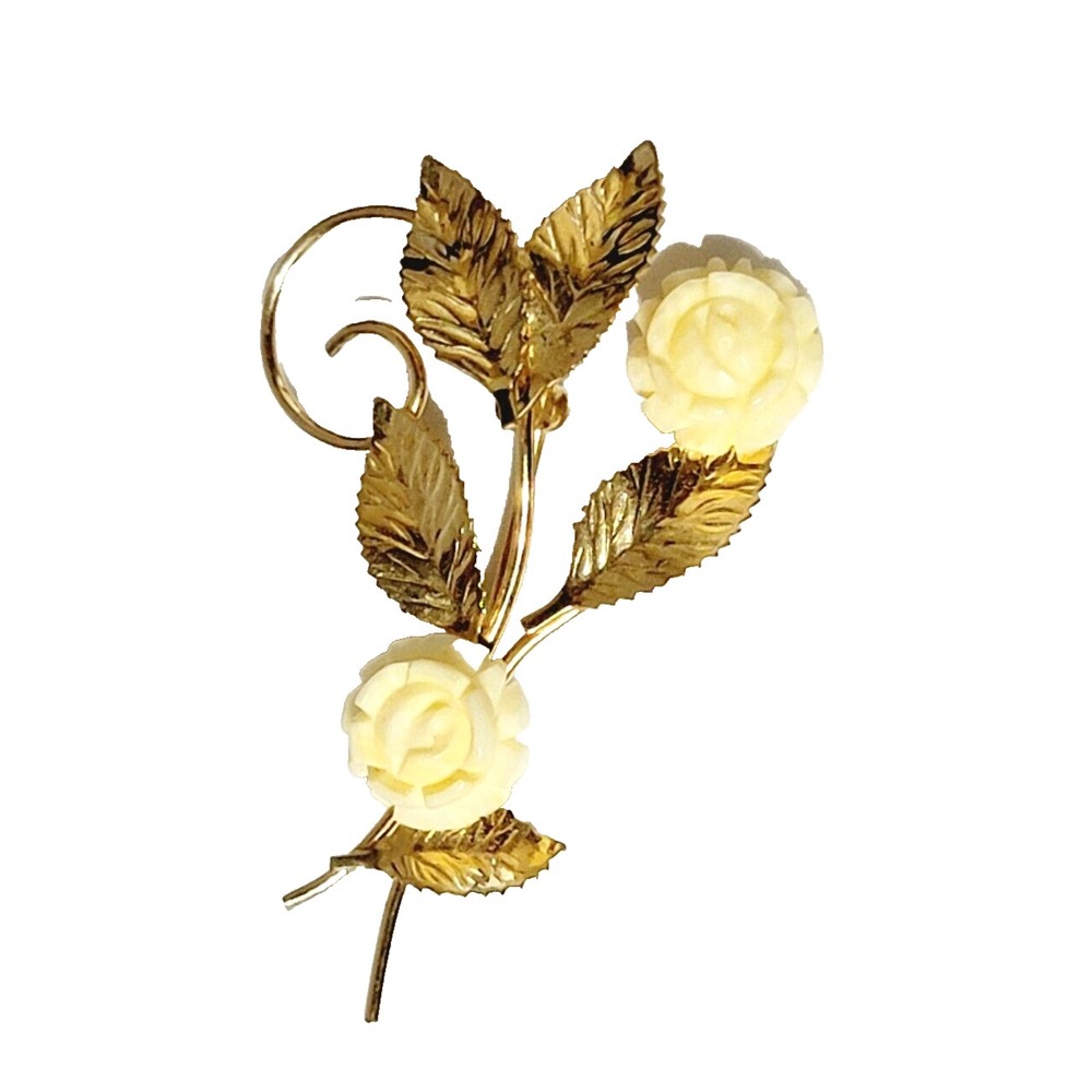 Vintage White Brooch Pin 14K GF Flower Rose Carla Signed Floral Jewelry